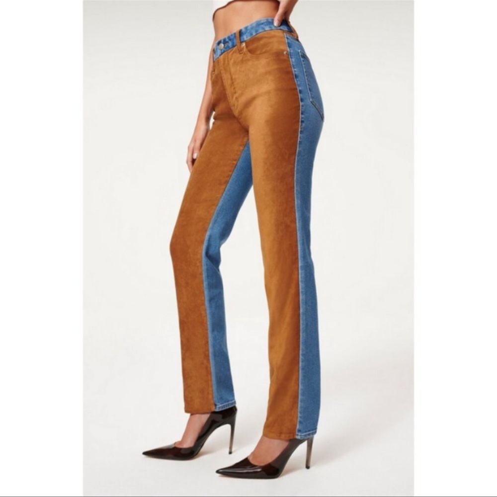 Good American Icon Mixed Media Denim & Faux Suede Jeans Pants Womens Sz 16 NWT